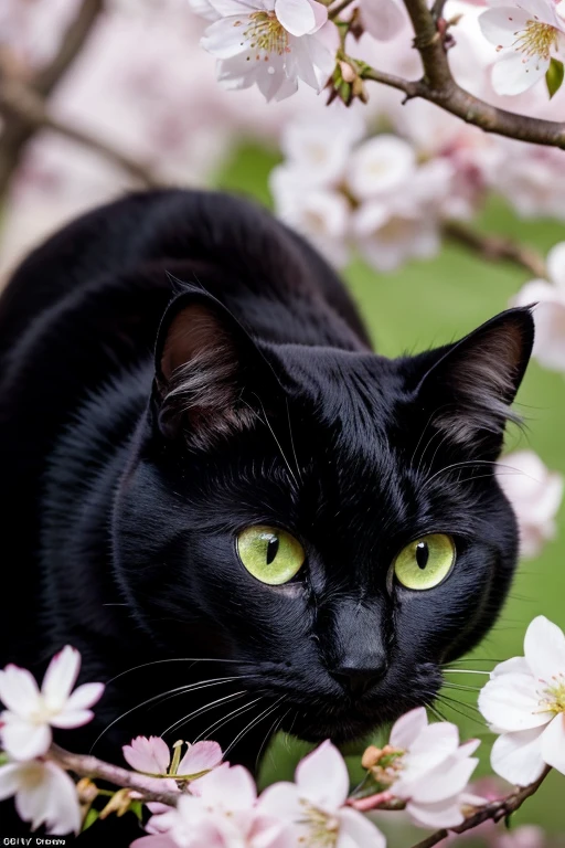 black cat blind in the left eye along with his right eye being green and having a noticeable mole along with a white cat with black spots green eyes and having a mole in his mouth the two are in a cherry blossom tree