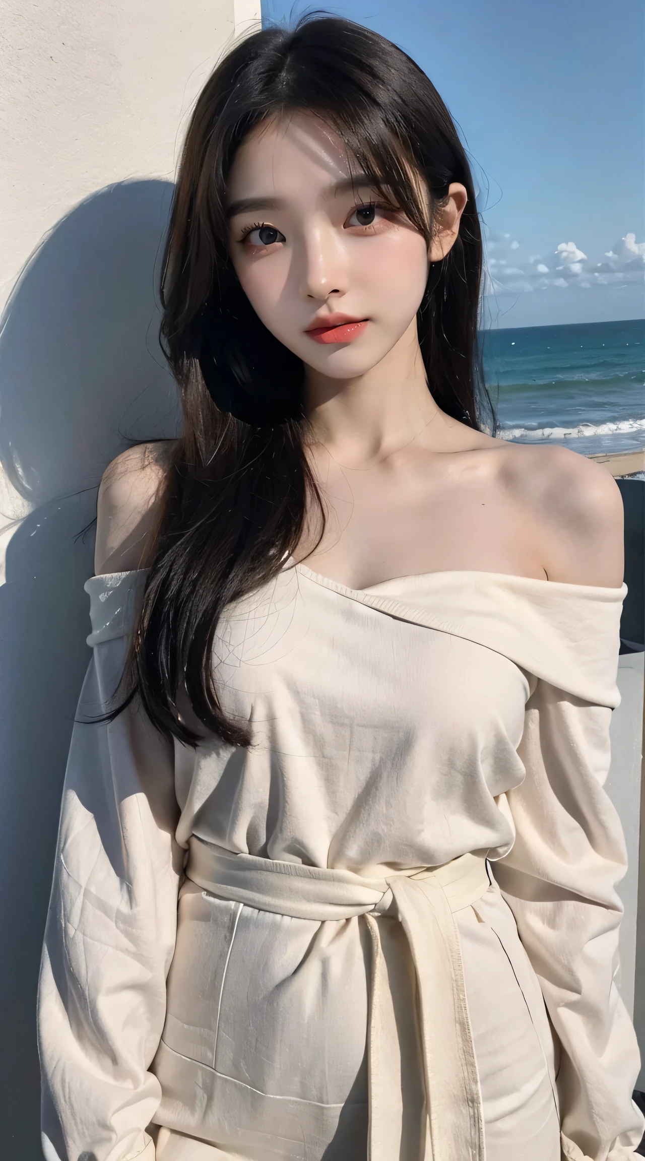 (High resolution 8K RAW real,The best quality at its best)，Beautiful attractive woman in fashion trend，Gentle and attractive Chinese beauty，South Korea,K-Pop Idols，Delicate and sexy collarbone，Attractive goose face，double eyelid，Skillful[peach]Flower Eyes，Red pink lips，Small Nose，Exposed bare shoulders，The focus is on the face，Face close-up，Hyper Detail，Green off-the-shoulder long-sleeve top，green wrap dress，Bright redhead，(Full Body Lesbian，Panoramic View，alone：1.3)，race，race， Fresh and impressive， Natural Color，Forward light，Normal body type， tattoo，(Ocean，Sandy Beach)，Breeze in the breeze，Sunlight on the face，A kind smile