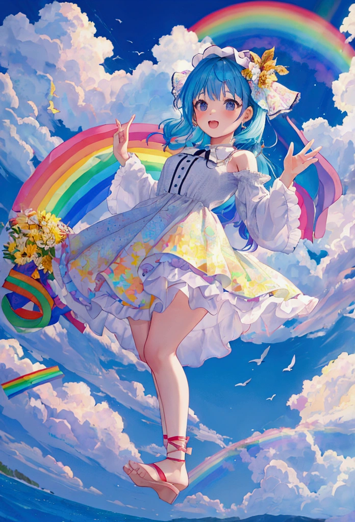 Girl jumping in the rainbow sky