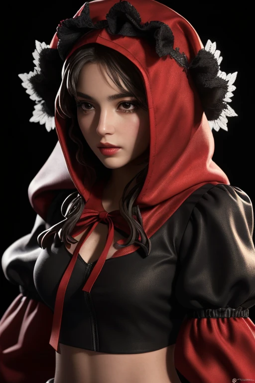 ((extreme detail)),(ultra-detailed), extremely detailed CG unity 8k wallpaper, velvet, figurine, red hood, crop top, star headdress, puffy sleeves, lips, looking away, close-up, head turn, black background