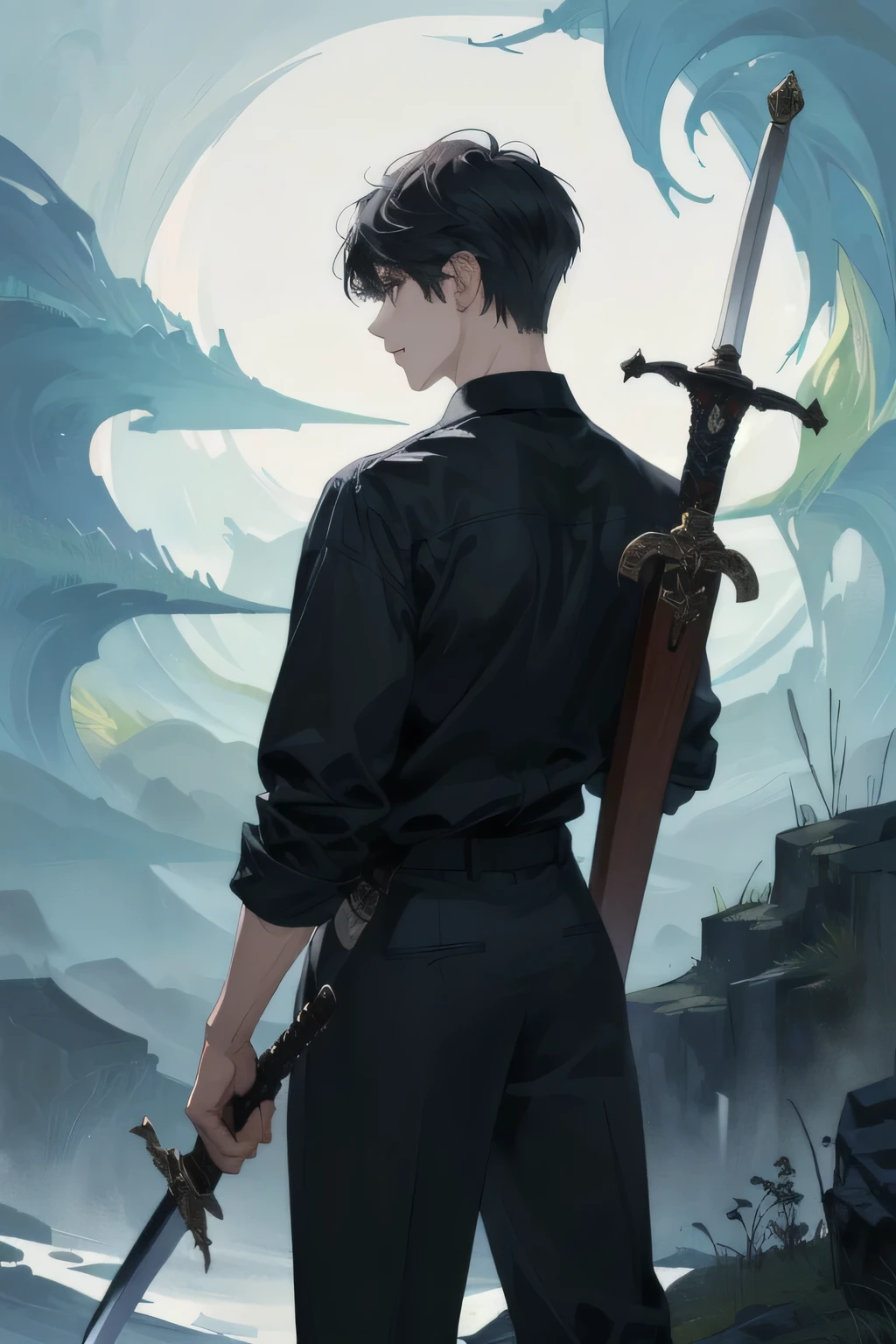 A man wearing a black shirt, white skin, short black hair, standing with his back holding a sword. The atmosphere is gloomy like a hunter.