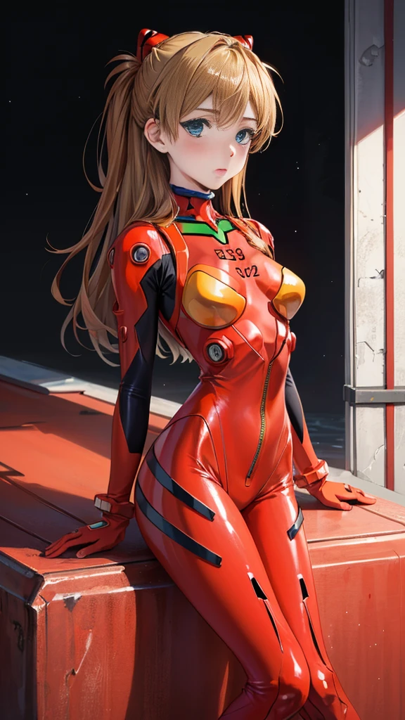 (masterpiece:1.4、Highest quality)、(Intricate details)、Unity8k wallpaper、Ultra-detailed、Beautiful and mysterious、Detailed Background、Realistic、solo、Perfectly detailed face、Detailed blue eyes、Very detailed、blush、hair ornamentahogany Hair Chignon、(Blonde)、Plug Suit 02,Shikinami Asuka Langley、Evangelion、Looking into the camera、Look forward、cute、Full Body Suit、Black Background、Large Breasts