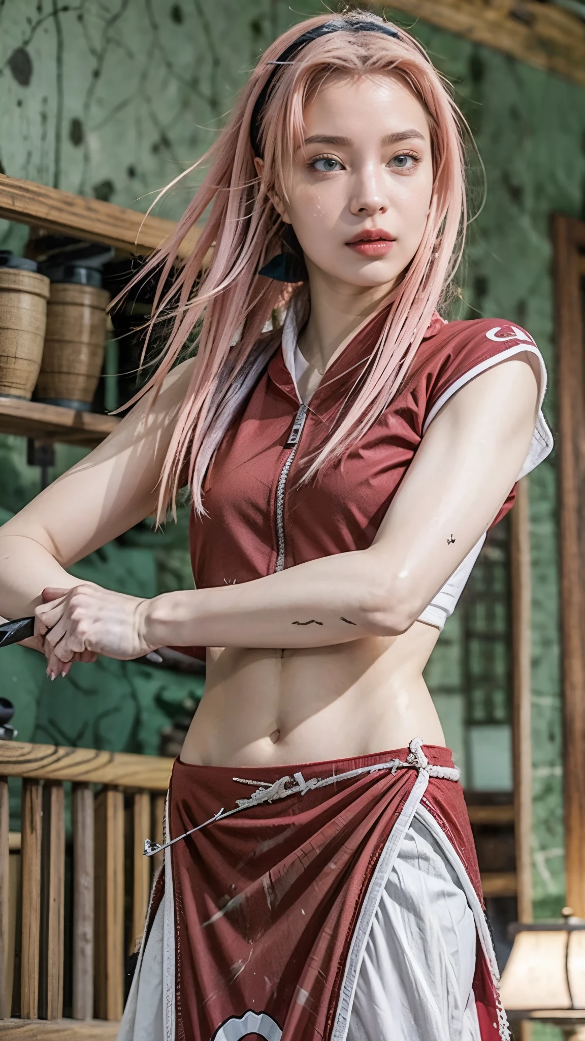 Moisturized skin, (red eyes), realistic body, (adult female body), energetic, (16 years old), (girl),
BREAK,
bright red lipstick, (beautiful navel),
BREAK,
((masterpiece + highest quality + high resolution + highly detailed)), (full body: 1.2), symmetrical, one shot,
BREAK,
(leaves fluttering), (wind blowing), (battle stance: 1.4),
BREAK,
(large Japanese sword), ninja clothes, inside the mansion, assassination, ninja with sword sneaks through the mansion, cut wound, kunai, pink hair,