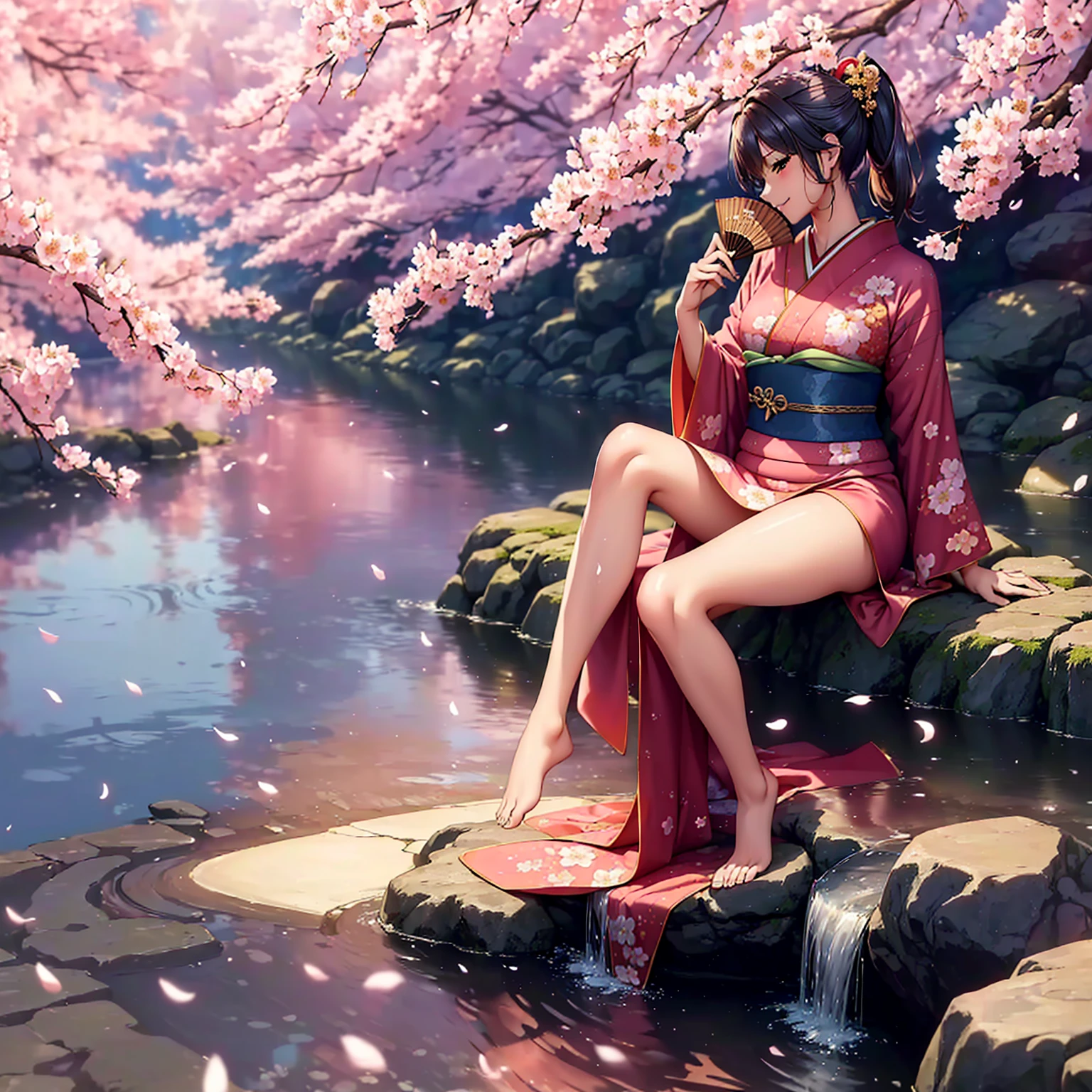 (((Highest quality、masterpiece、Very high resolution、Highly detailed images,2.5th Dimension))),Beauty Painting,(A woman of perfect and ultimate beauty:18-year-old, Beautiful body:Slender and beautiful breasts、Beautiful Face:smile、Beautiful Hair:Colored)、(Best skin and hair texture)、((Beautiful Japanese Kimono:Floral,Holding a folding fan)),、Beautiful waterfront:Cherry blossoms and waterfall,Natural light,Beautiful views,Beautiful colors,(Beautiful posture:1.5)、Model pose、Sculpture Pose、Photo engraving、photo shoot、Overall image、Accurate Images、Accurate anatomy、Perfect Image,Beautiful images,(Best Shot,RAW Photos:1.2)