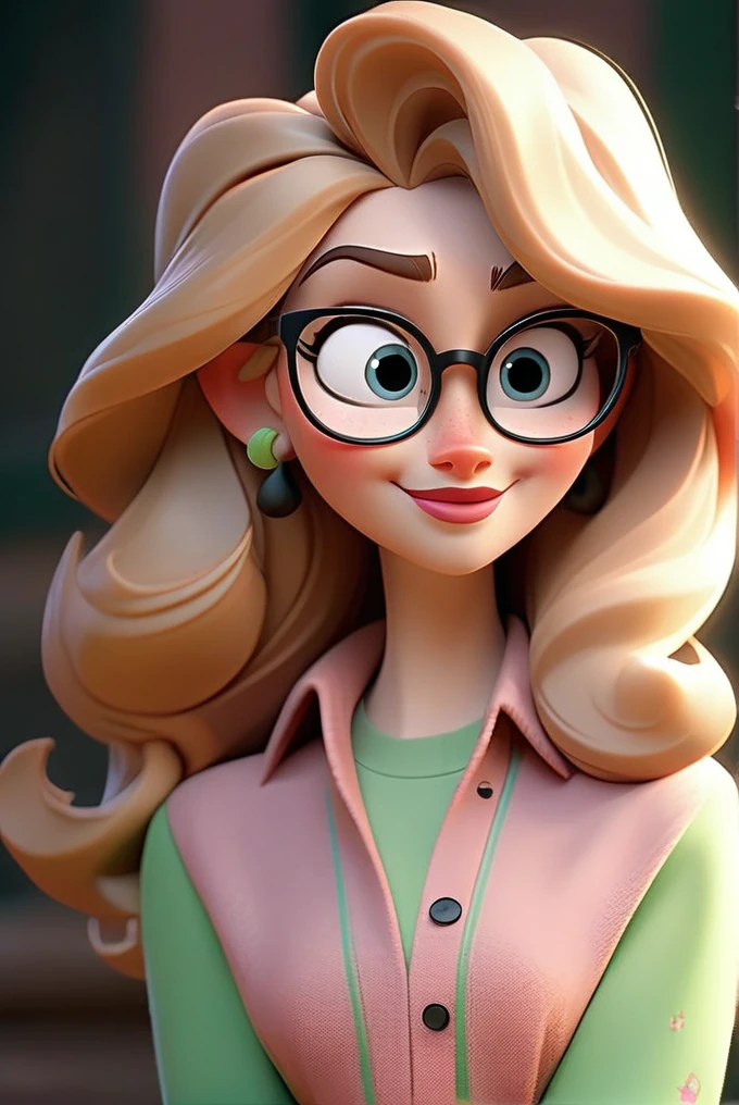 Create a Disney Pixar-style character of a stunning woman. blond, fine and long hair, white skin tone, eyes black, Square-shaped prescription glasses, fine lips, smiling, Wearing a pink blouse and green pants.