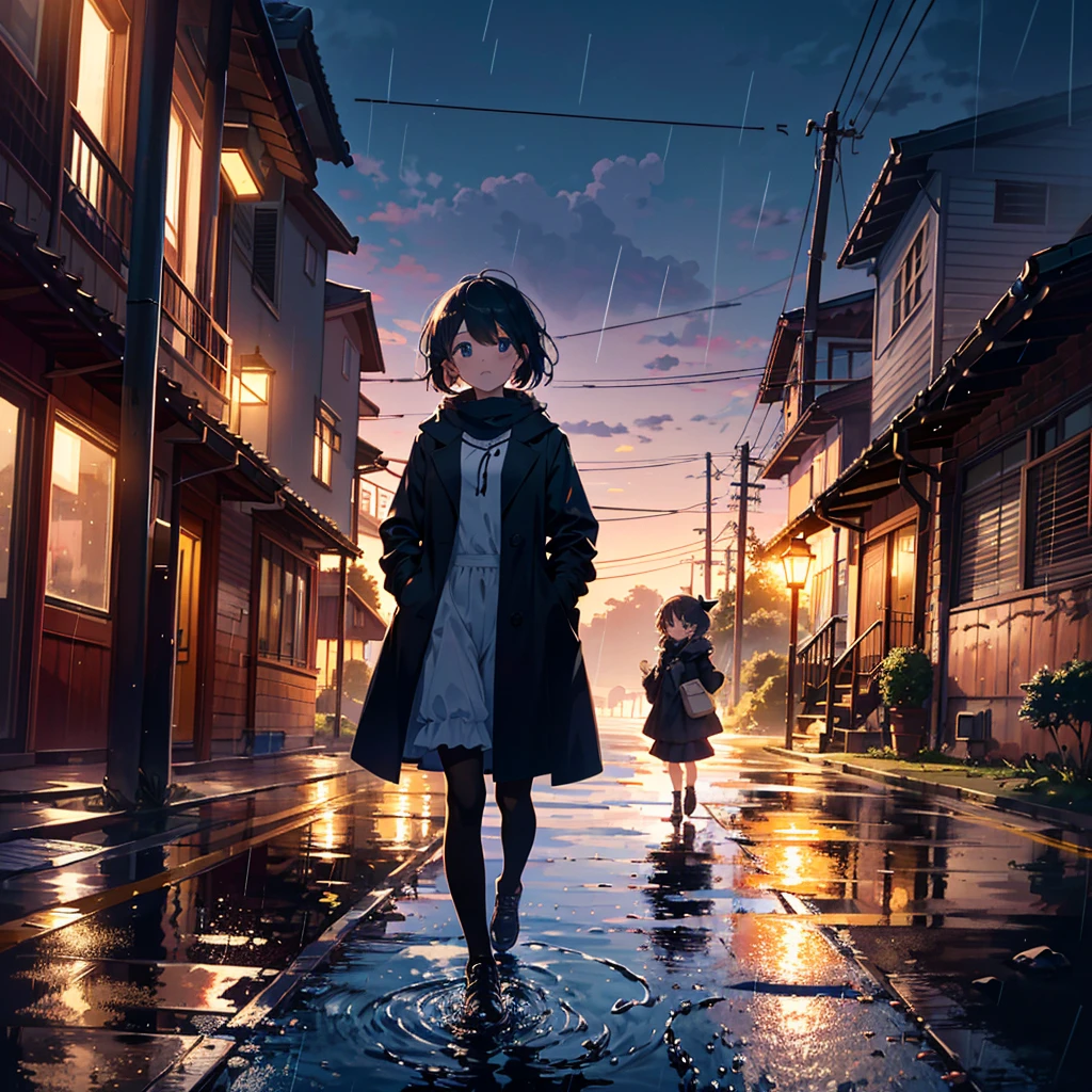 {{{Masterpiece, highest quality, high-resolution background}}}, bright and beautiful atmosphere, 3 girls (2 years old, 1 short-tempered round face), 1  (hair, surface effects), small breasts, rural On the road, it's raining heavily, a girl wearing a coat and walking in a hurry, "deltamon_sdXL :0.73) >Deltamon"