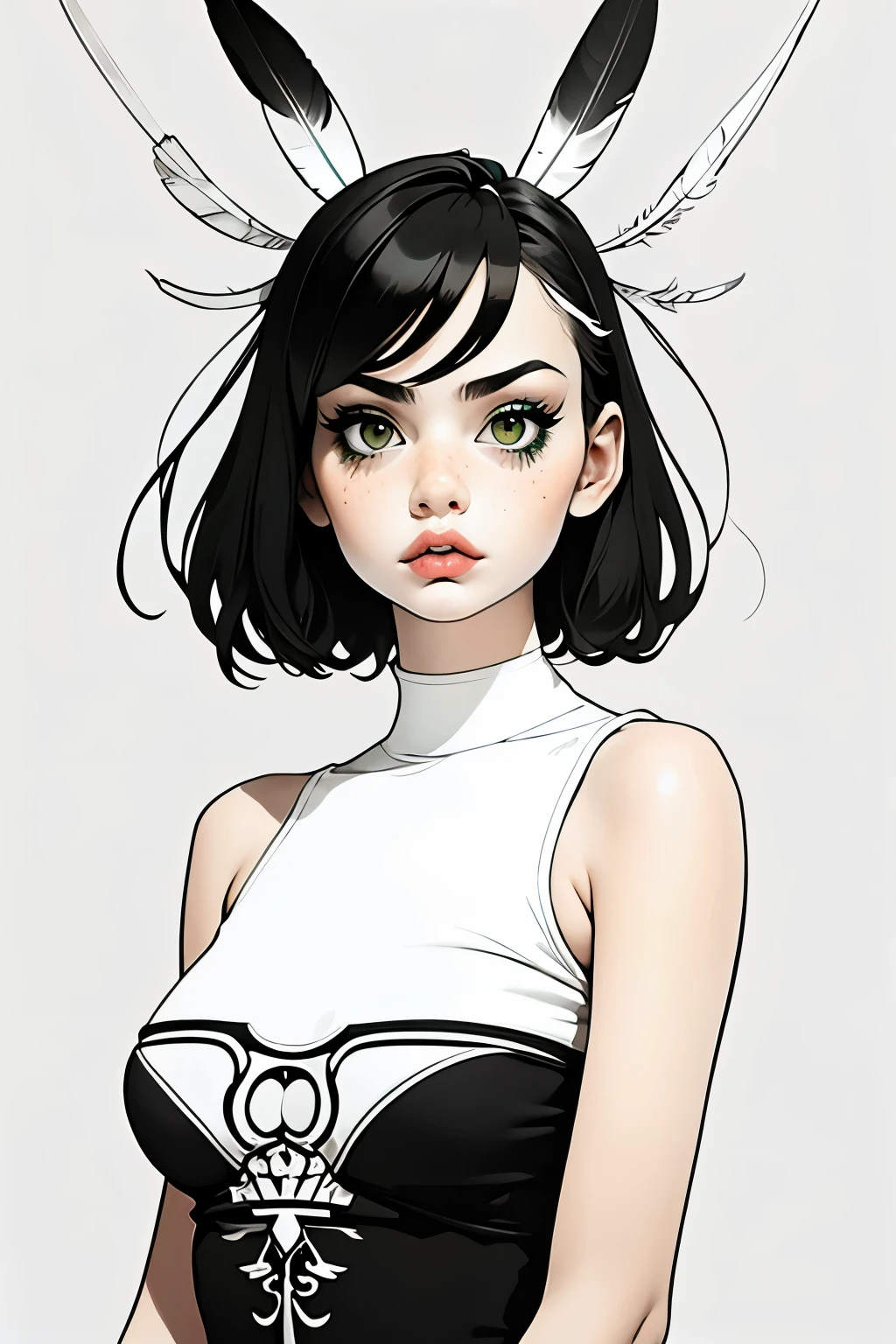 Partial Coloring, Line drawing style, (masterpiece, best quality:1.2), (Simple background:1.5), 1 Girl, (Black and white feathers, Symmetrical composition:1.25)
