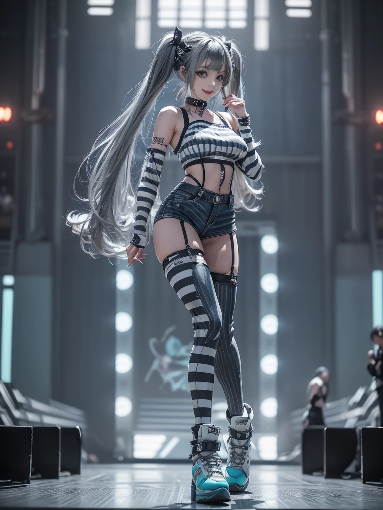(Full body image:1.2)、(Side view:1.2)、(Smiling with teeth showing:1.3),(Shibuya Gal:1.5)、(Fashion in the style of Gothic Lolita:1.5)、(Punk rock visual kei:1.5)、(Wearing a rhythmic gymnastics bodysuit with intricate details:1.4)、(Complex white racing suit and pants, Denim and turquoise decor:1.5)、(Denim and light blue and white boots:1.3)、((belt))、(A number of subtle logos are featured throughout the costume々:1.4)、(collar:1.3)、(Striped underwear:1.5)、20-year-old、Browsing Caution、((Highest quality、In 8K、masterpiece:1.3))、Sharp focus:1.2、(Layered Cut、Huge boobs:1.1),Beautiful woman with perfect figure:1.4、(Dance vigorously:1.3)、Slim Abs:1.2、Highly detailed face and skin texture、Detailed eyes、double eyelid,(Twin tails:1.3)、(Dark silver hair:1.3)、Idol Sculpture、(The background is the stage for a fashion show:1.3)、(The body is slim:1.3),(Slimming your legs:1.4),（clavicle:1.1）、(Thin and slim thighs:1.3)