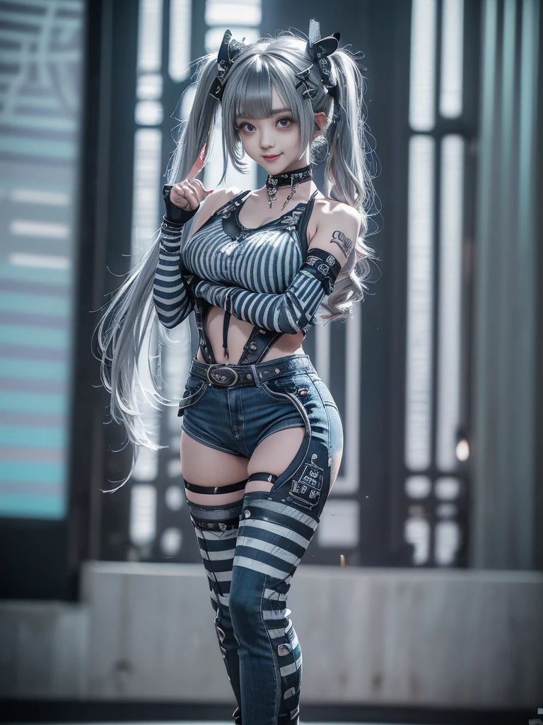 (Full body image:1.2)、(Side view:1.2)、(Smiling with teeth showing:1.3),(Shibuya Gal:1.5)、(Fashion in the style of Gothic Lolita:1.5)、(Punk rock visual kei:1.5)、(Wearing a rhythmic gymnastics bodysuit with intricate details:1.4)、(Complex white racing suit and pants, Denim and turquoise decor:1.5)、(Denim and light blue and white boots:1.3)、((belt))、(A number of subtle logos are featured throughout the costume々:1.4)、(collar:1.3)、(Striped underwear:1.5)、20-year-old、Browsing Caution、((Highest quality、In 8K、masterpiece:1.3))、Sharp focus:1.2、(Layered Cut、Huge boobs:1.1),Beautiful woman with perfect figure:1.4、(Dance vigorously:1.3)、Slim Abs:1.2、Highly detailed face and skin texture、Detailed eyes、double eyelid,(Twin tails:1.3)、(Dark silver hair:1.3)、Idol Sculpture、(The background is the stage for a fashion show:1.3)、(The body is slim:1.3),(Slimming your legs:1.4),(clavicle:1.1)、(Thin and slim thighs:1.3)