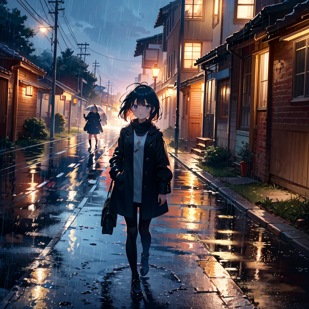 {{{Masterpiece, highest quality, high-resolution background}}}, bright and beautiful atmosphere, 3 girls (2 years old, 1 short-tempered round face), 1 (hair, surface effects), small breasts, rural On the road, it's raining heavily, a girl wearing a coat and walking in a hurry, "deltamon_sdXL :0.73) >Deltamon"