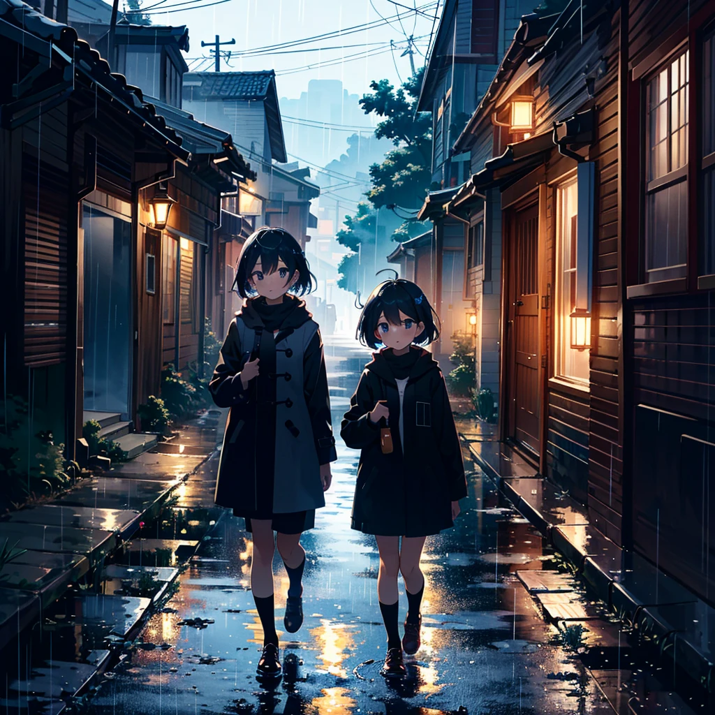 {{{Masterpiece, highest quality, high-resolution background}}}, bright and beautiful atmosphere, 3 girls (2 years old, 1 short-tempered round face), 1  (hair, surface effects), small breasts, rural On the road, it's raining heavily, a girl wearing a coat and walking in a hurry, "deltamon_sdXL :0.73) >Deltamon"