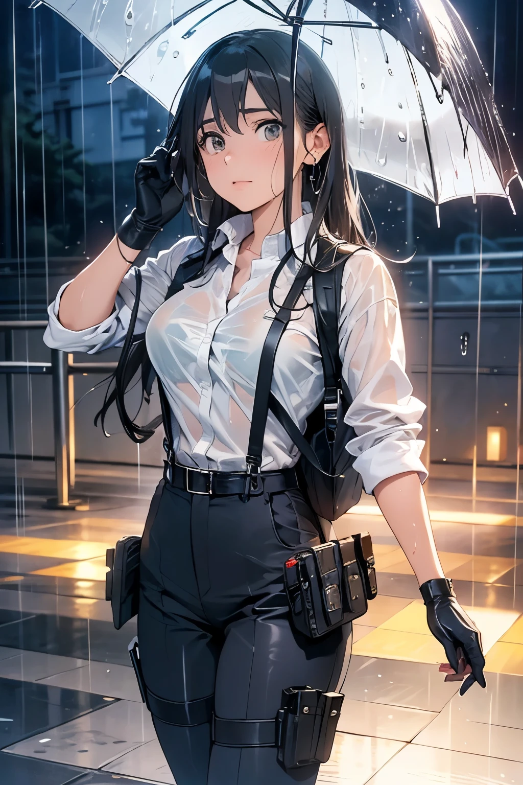 1 female, , high quality, masterpiece, Ultra-high resolution, , Cinema Lighting, , , And the suspenders with the cranes flying Large Breasts Small face holster Lying in bed Looking up Sweat belt summer 脇Sweat Black Hole Gloves suit shirt Black jacket Black trousers Leg Links ズボンにbelt holster Hands behind your back Anxious expression Looking up Anxious face, legs apart Armament Handgun handcuffs Cable ties レッグholster holster See-through clothing heavy rain Getting wet in the rain