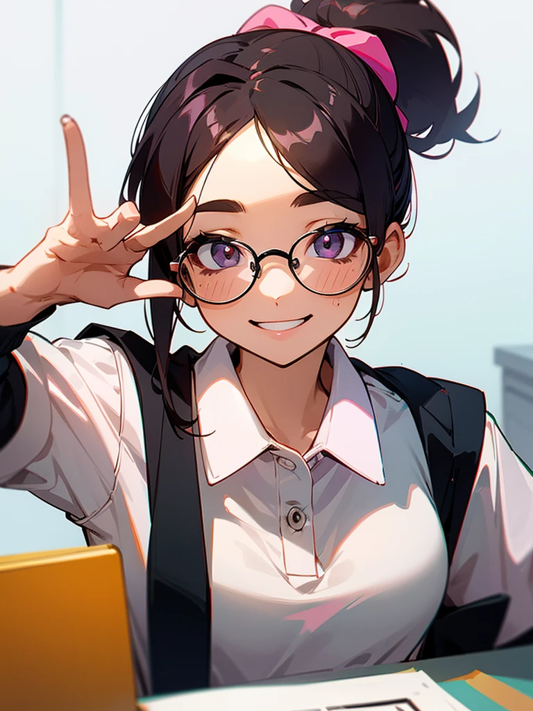 solo, upperbody, looking at viewer, cute face,pink ponytail:1.2, parted bangs:0.6, glasses, eyelash, office worker's polo shirt, staff identity card,office, desk work, filing cabinet, big smile, (making V sign),