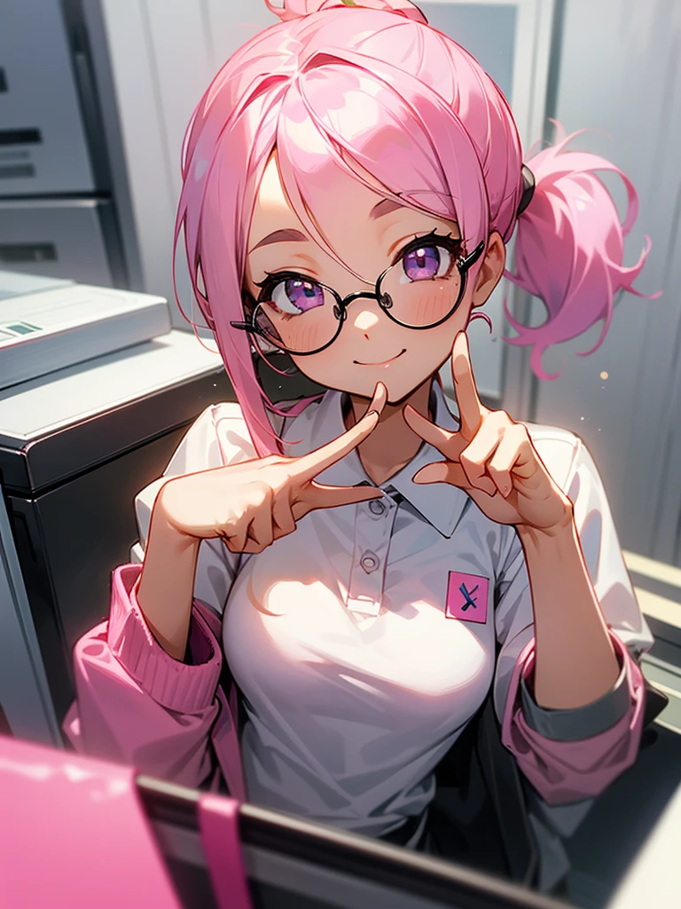 solo, upperbody, looking at viewer, cute face,pink ponytail:1.2, parted bangs:0.6, glasses, eyelash, office worker's polo shirt, staff identity card,office, desk work, filing cabinet, big smile, (making V sign),