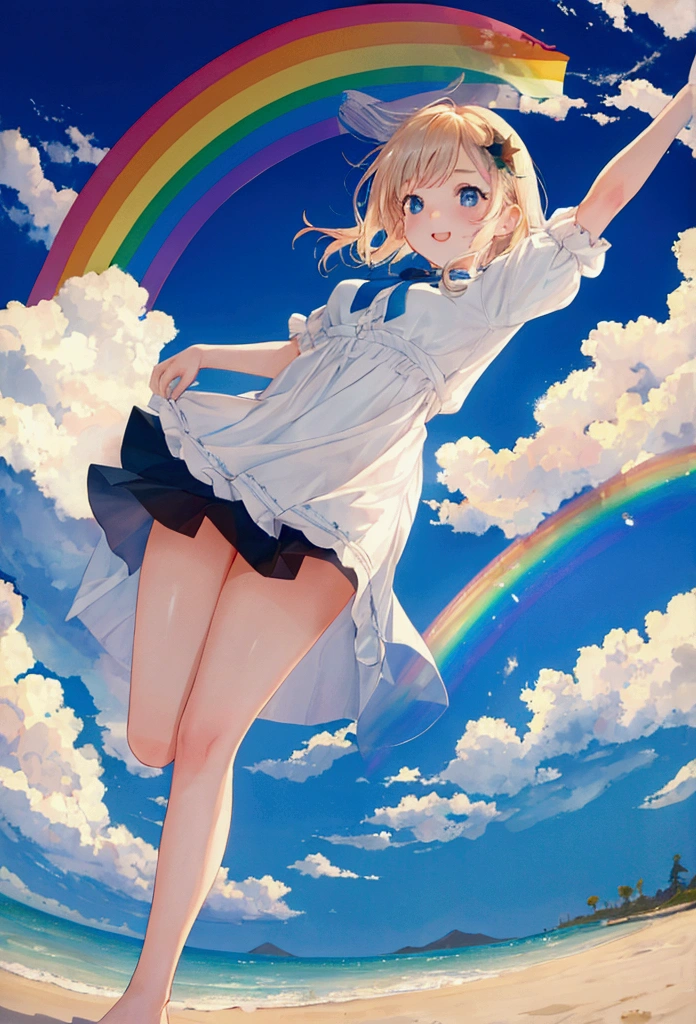 Girl jumping in the rainbow sky