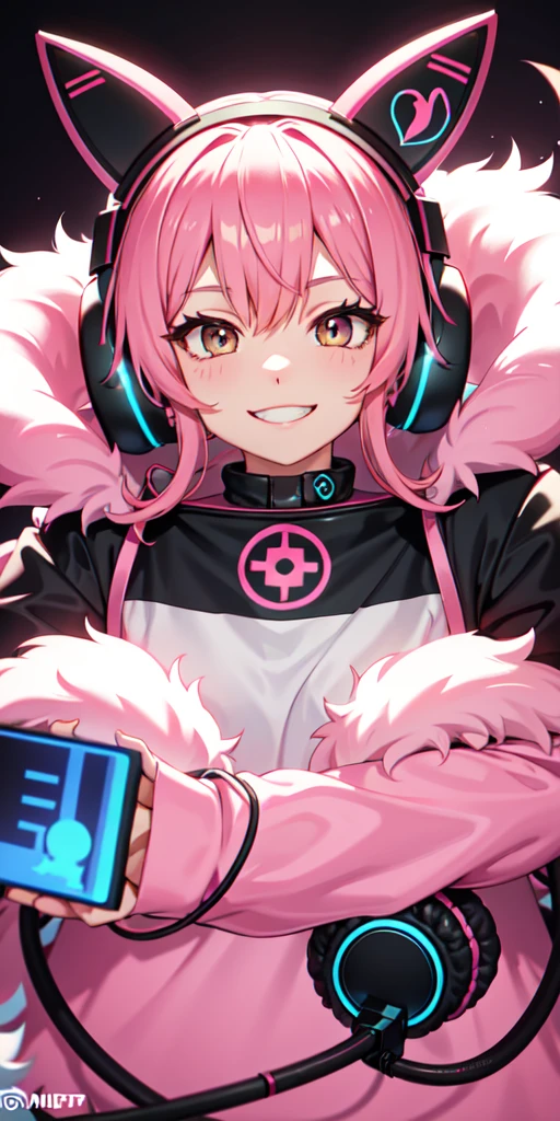 gamer headphones, smiling, pink fur, gamer room