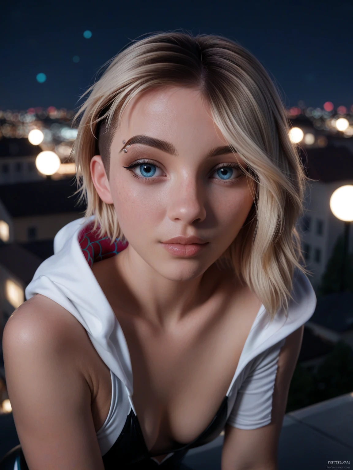 score_9, score_8_up, score_7_up, score_6_up, score_5_up, score_4_up, realistic style, photo, photorealistic, high detail, photograph of Gwen Stacy, (Spider Gwen), posing on rooftop, looking at viewer, night, moonlight through hair, depth of field, bokeh, tag1, tag2
