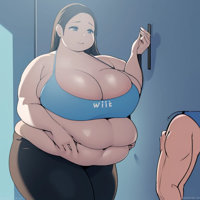 Wii fit trainer, a woman, thick body, extremely white skin, a tall and curvy figure, highres, and a hyper massive voluptuous body. She has large thick fat breasts, (gigantic breasts, 1.5), she has thick breasts, an extremely thick giant fat enormous sexy huge humongous gigantic ass, thick figure. The woman has cute long gray hair, detailed eyes, gray eyes. She has a seductive expression, ahegao expression, moaning. The woman is wearing a large blue tank top and gray yoga pants. She is standing in her bedroom, holding her belly, sweating, moaning, and gaining weight, with a sexy fat body. ((obese, fat, excess fat)), (morbidly obese body:1.5) (fat neck and chin). (Very large thighs) (((Colossal thighs, massive thighs, very large thighs))), full body, masterpiece, (NSFW), (exaggerated proportions), (hentai), (perfect anatomy), ((detailed manga illustration)), (detailed face), (4k wallpaper), (best quality,4k,8k,highres,masterpiece:1.2),ultra-detailed,(realistic,photorealistic,photo-realistic:1.37),HDR,UHD,studio lighting,ultra-fine painting,sharp focus,physically-based rendering,extreme detail description,professional,vivid colors,bokeh,portraits,goth, fantasy