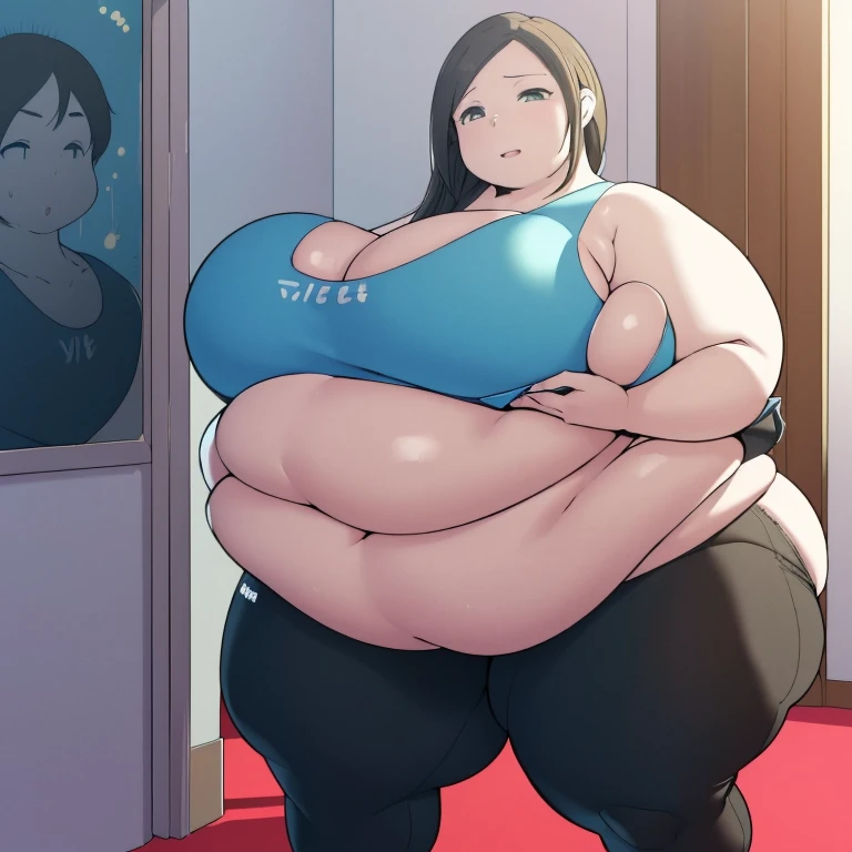 Wii fit trainer, a woman, thick body, extremely white skin, a tall and curvy figure, highres, and a hyper massive voluptuous body. She has large thick fat breasts, (gigantic breasts,  1.5), she has thick breasts, an extremely thick giant fat enormous sexy huge humongous gigantic ass, thick figure. The woman has cute long gray hair, detailed eyes, gray eyes. She has a seductive expression, ahegao expression, moaning. The woman is wearing a large blue tank top and gray yoga pants. She is standing in her bedroom, holding her belly, sweating, moaning, and gaining weight, with a sexy fat body. ((obese, fat, excess fat)), (morbidly obese body:1.5) (fat neck and chin). (Very large thighs) (((Colossal thighs, massive thighs, very large thighs))), full body, masterpiece, (NSFW), (exaggerated proportions), (hentai), (perfect anatomy), ((detailed manga illustration)), (detailed face), (4k wallpaper), (best quality,4k,8k,highres,masterpiece:1.2),ultra-detailed,(realistic,photorealistic,photo-realistic:1.37),HDR,UHD,studio lighting,ultra-fine painting,sharp focus,physically-based rendering,extreme detail description,professional,vivid colors,bokeh,portraits,goth, fantasy