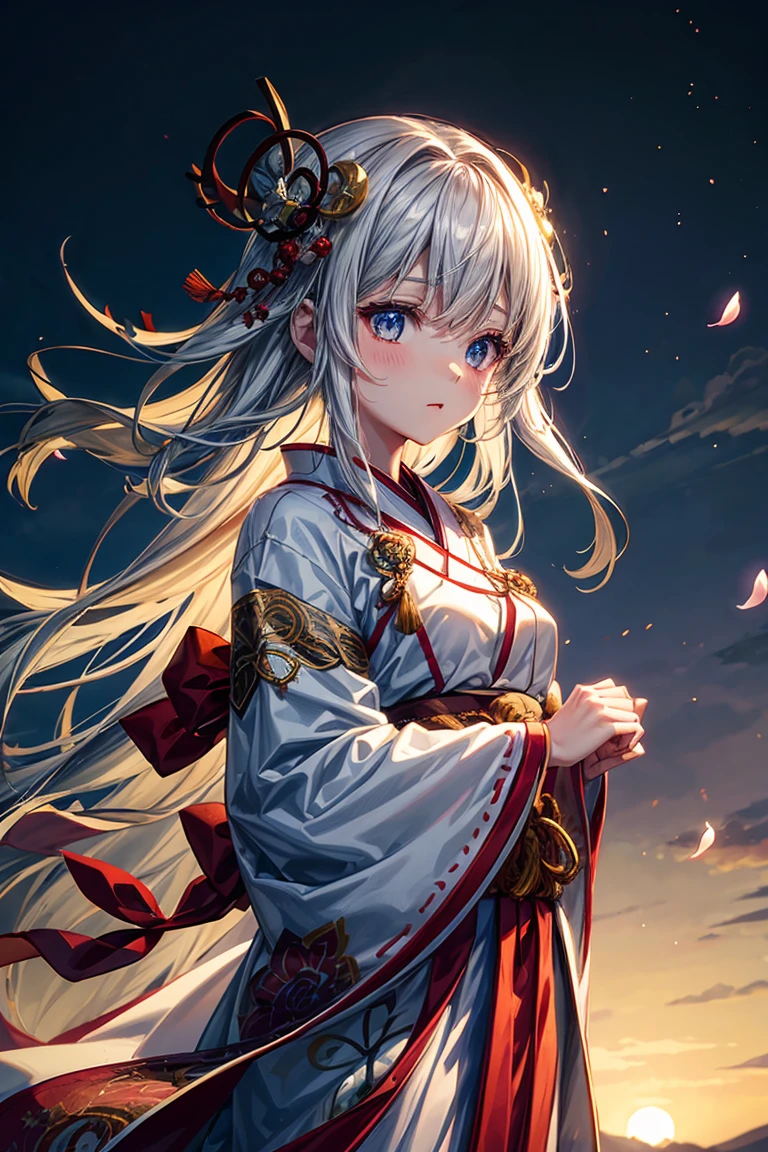 masterpiece,outline,floating clothes,luminous warm iridescent glowing,bloon effect,fantasy fog,game cg,fujisan,lake,sunset, fence ,fluttering petals,1girl,wind,floating hair,backlighting,Japanese clothes,ribbon,Japanese hair ornaments,ultra detailed skin,celtic obi,{{{hair ornaments}}},{{shinto priest clothes}},too many Japanese ornaments,,floral print,white clothes,red clothes,bloom effect,light particles,shiny hair,shint clothes,shiny skin,gochiusa,parted clothes,eye reflection,blue eyes