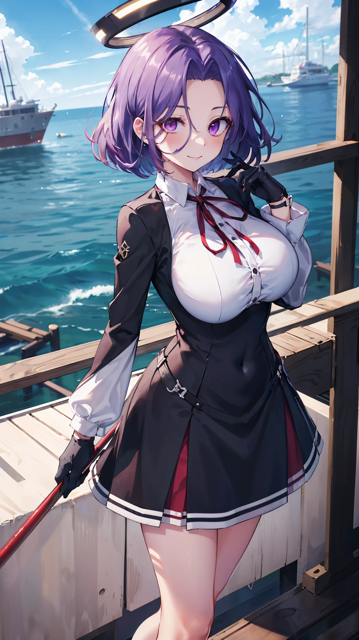 masterpiece, best quality, highres, mechanical halo, (gigantic_breasts:1.2), black dress, neck ribbon, long sleeves, black gloves, outdoors, cowboy shot, standing, holding weapon, polearm,smile,,harbor_town_landscape,purple_halfeyes,(scornful eye:1.4)