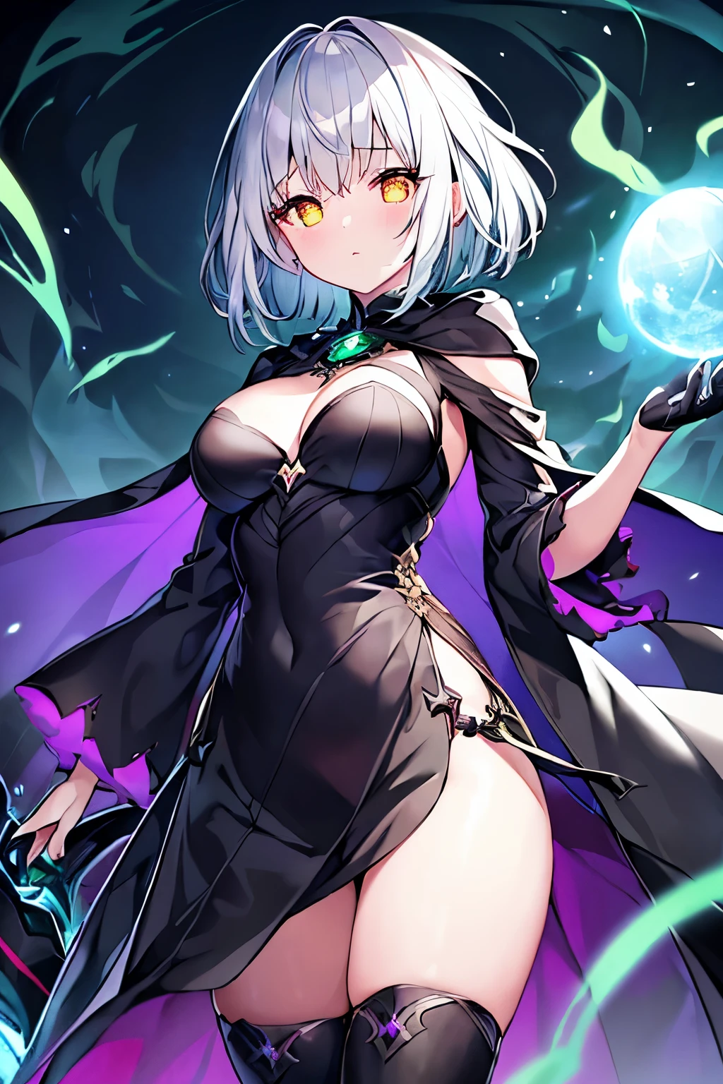 1 girl、Silver short hair、(Hollow glowing eyes)、Fantasy、witch、(Black and green outfit)、Aggressive design、Cape、Yellow decoration、accessories、Villain、(Magical Items)、whole body、Mysterious Forest、Wind Magic、Dark Magic、Dark Aura