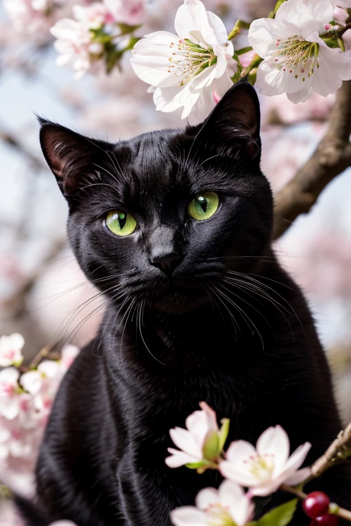 black cat blind in the left eye along with his right eye being green and having a noticeable mole along with a white cat with black spots green eyes and having a mole in his mouth the two are in a cherry blossom tree