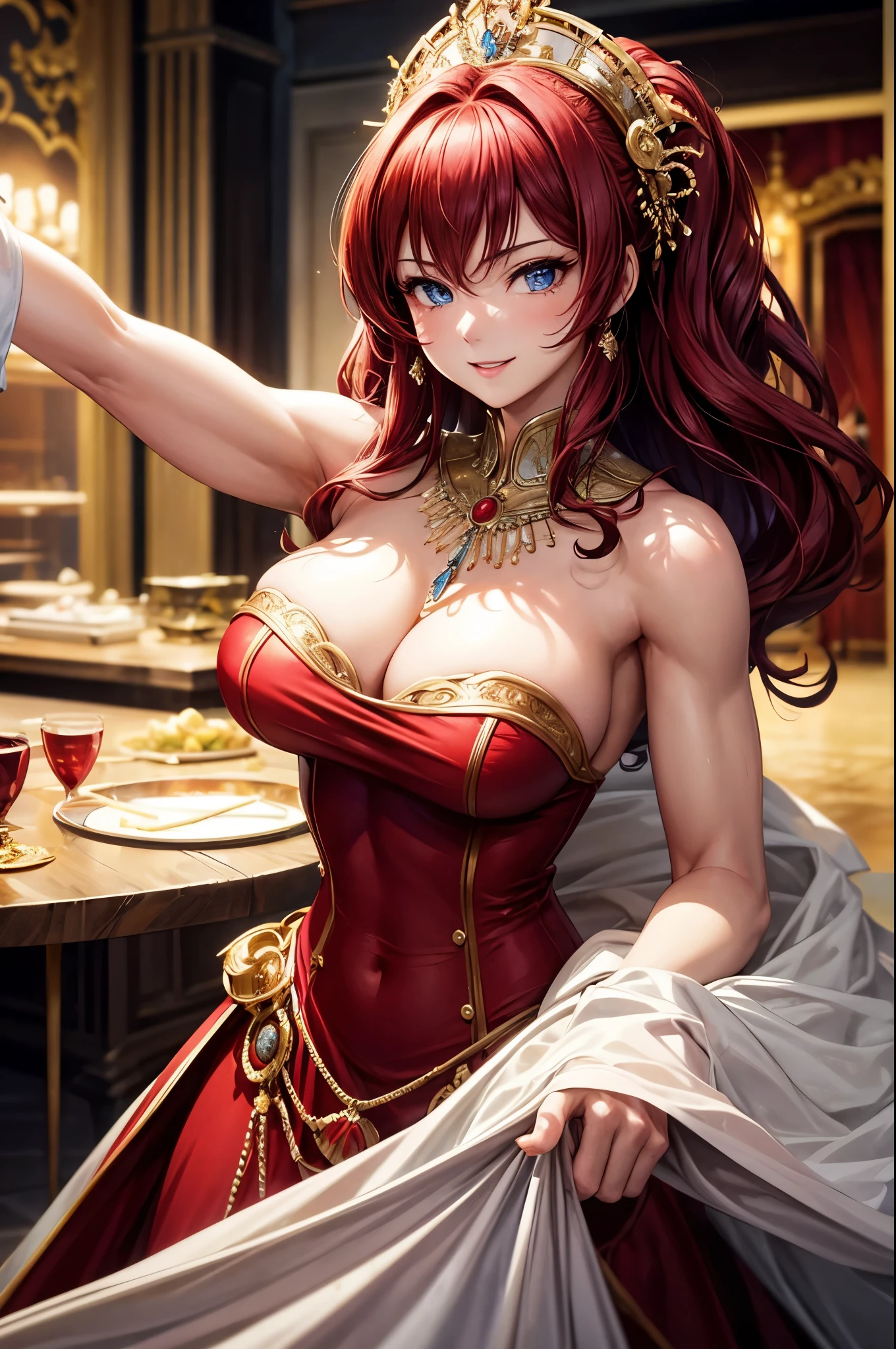 8k,Adult woman with red bushy hair,so beautiful(Like the real thing), strict, elegant, Red Dress, The enchanting aristocrat, silver element, Long nails, Exposing shoulders, Hairstyle, Beautiful expression,blue eyes, Messy, I am proud, Absurd, Elegant dress, Royalty, celebration, Hall decorated with flowers, Cowboy Shot, Portraiture, (Highest quality), (Tabletop), (Very detailed), masterpiece,Highest qualityのフォトリアリスティックなRAW写真。Backlight, Cinema Lighting, Film Grain, to be born, 50mm lens, Nikon D850,Ultra-Realistic Skin,Fantasy art,Character Art,Ultra-high resolution,A muscular and slender macho man,Perfect hands,compensate,Bust shot close-up,Big smile on the lake,Top-down view,Uplifting,Dynamic pose,