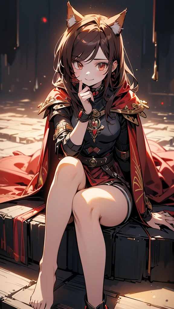 (highest quality, 4k, High resolution, masterpiece:1.2), Super detailed, (anime style, photorealistic:1.37), cinematic light, Bright colors and mesmerizing effects, Soft and delicate lighting, gentle shine, Beautiful and gentle atmosphere throughout the scene, (1girl:1.5), joven, (Cara finamente detallada:1.4, Ropa detallada), (Detallado:1.4) named (Eimi Fukada:1.1) BREAK Cara hermosa, Profundidad de campo, Agregar capa, (27 years old:1.5), Modelo de cuerpo perfecto, senos perfectos, 175cm de altura, pose sexy, full body, cuerpo completo, Tipo de cuerpo del modelo, BREAK (black and red armor, red cape, (highly detailed skin, skin details):1.4), (Cabello largo:1.3), (brunette:1.1), dark brown hair, doble parpado, (reddish brown eyes:1.5) BREAK blush, long hair, nijistyle, smile, cute cat ears, enchanted fairy, barefoot, feet focus, sitting