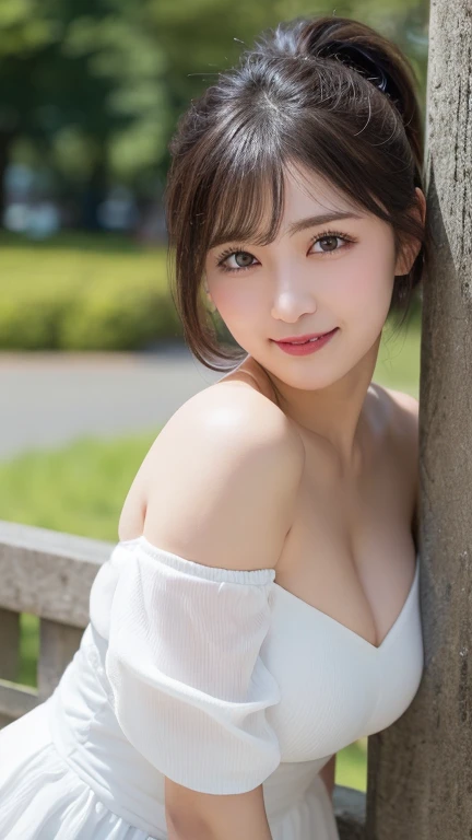 Off-the-shoulder white dress, Highest quality,  Very detailed, finely, High resolution, 8k wallpaper, Black Hair、Perfect dynamic composition, finelyて美しい目,  Natural Lip, (Big Breasts:1.2), smile、ponytail、((Bend over and peer at me))、((Close your mouth))、((Park Background))、blue sky、