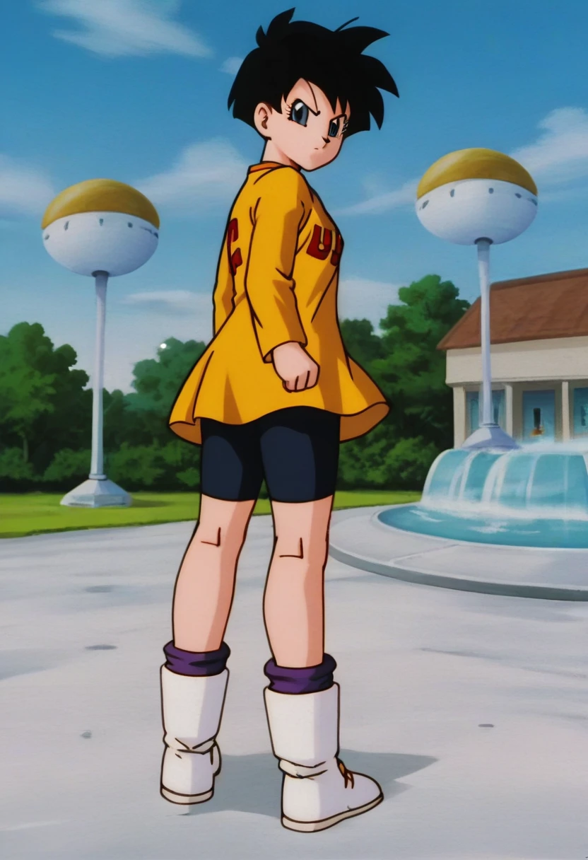 fountain_cheered up, score_9, score_8_above, score_7_above, cheered up screencap,8k, absurd resolution,
he saw, 1 girl, Alone, looking at the viewer, short hair, blue eyes, shirt, black fur, long sleeves, Boots, al air libre, sky, day, cloud, blue sky, clothing writing, Blue dress, white shoes, text printing, spiky hair, V-shaped eyebrows, from below, dress over shirt, clenched hands, Yellow shirt, WHITE SOCKS, printed dress, air, floating, From behind showing her ass, 
 