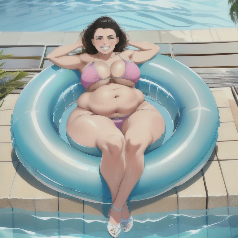 Photo of Curvy girl, wearing bikini, big belly, wide hips, thick thighs, large butt, she is stuck in an innertube, she is laughing a bit, floating in the pool without a care in the world