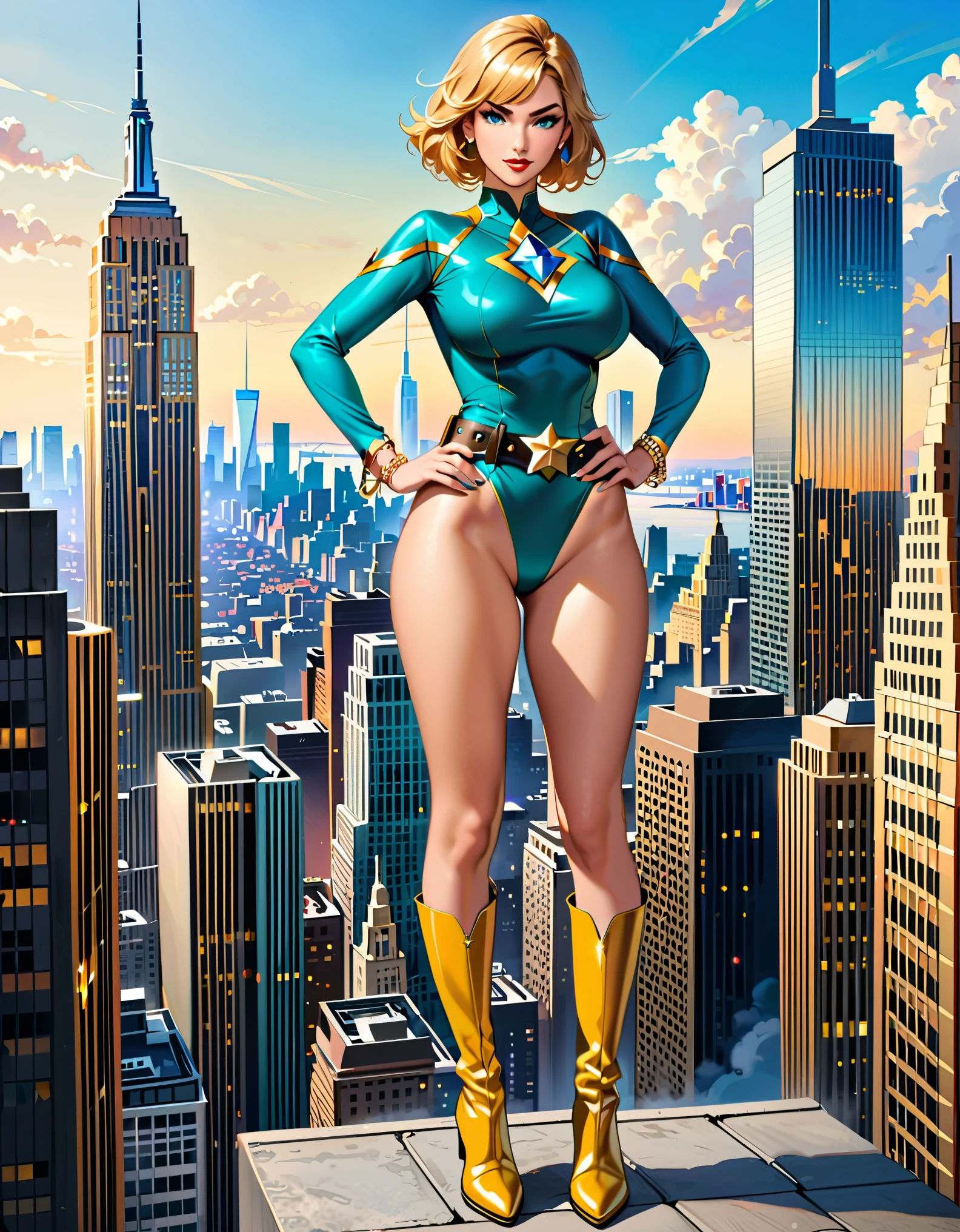 (masterpiece), (best quality), (hires), highly detailed, professional, 1lady, mature lady, tall body, (gold belt, tight belt), blonde hair, short hair, bob hair, blue eyes, beautiful detailed eyes, beautiful detailed face, (ankle-length boots, knee boots, yellow boots, yellow footwear), (large breasts, medium breasts), new york city backdrop, sky, cityscape, hands on hip, (teal and yellow leotard, sleeves, long sleeves, tight sleeves, perfect fit, perfect hands, complete fingers), (gold bracelets), bare legs, red lips, skyscraper, solo, solo focus, superhero, ((gold star symbol on chest)), ((blue diamond belt buckle)), standing, cowboy shot, full body shot, full body with costume, heroic pose, semi-realistic, serious. heroic atmosphere.