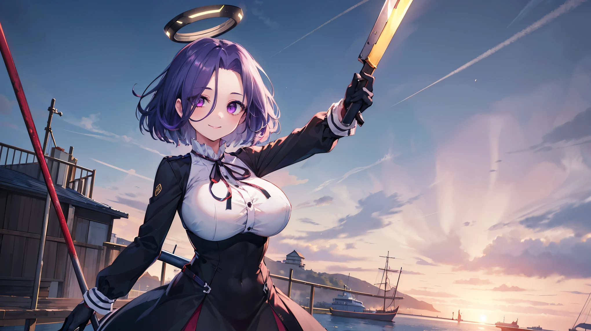 masterpiece, best quality, highres, mechanical halo, (gigantic_breasts:1.2), black dress, neck ribbon, long sleeves, black gloves, outdoors, cowboy shot, standing, holding weapon, polearm,smile,,harbor_town_landscape,purple_halfeyes,(scornful eye:1.4)