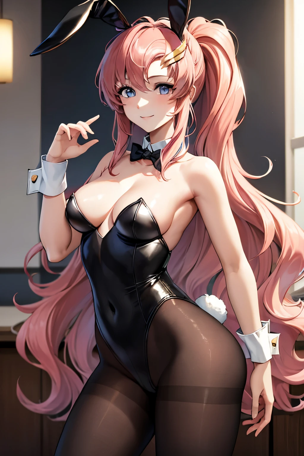 (masterpiece:1.3), (Highest quality:1.1), (8k, Super detailed), (Ultra-high resolution), (Anime Style), (Five perfect fingers), (Perfect Anatomy), One girl, long hair, Wavy Hair, Pink Hair, Purple eyes,   slim body, small Breasts, thin legs, (black playboy bunny), (black fake rabbit ears), (black pantyhose), (black high-heels), looking at viewer, smile, standing, Cowboy Shot,  indoors