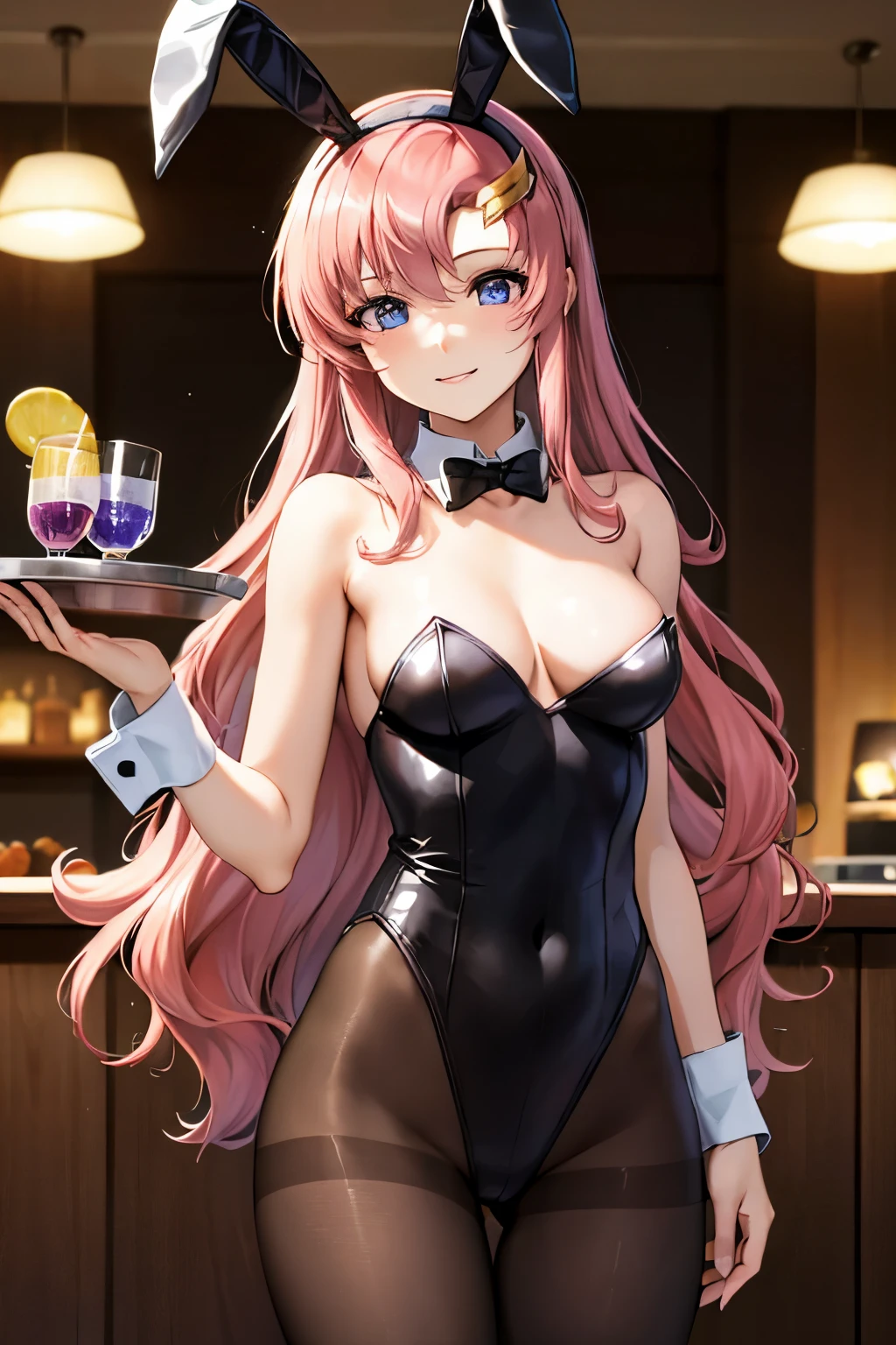 (masterpiece:1.3), (Highest quality:1.1), (8k, Super detailed), (Ultra-high resolution), (Anime Style), (Five perfect fingers), (Perfect Anatomy), One girl, long hair, Wavy Hair, Pink Hair, Purple eyes,   slim body, small Breasts, thin legs, (black playboy bunny), (black fake rabbit ears), (black pantyhose), (black high-heels), Holding tray, looking at viewer, smile, standing, Cowboy Shot,  indoors