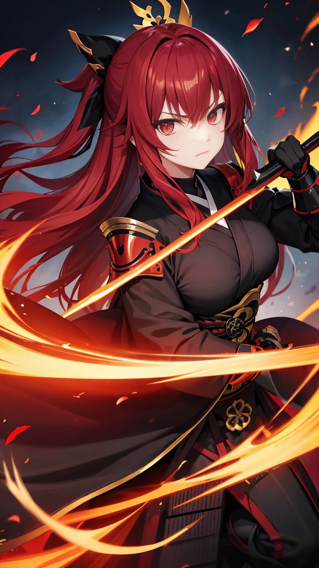 18-year-old female、Black kimono、Red Armor、Equipped with a naginata、Long Red Hair、Dark Eyes、Serious expression