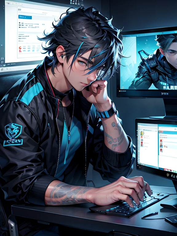 naughty man, throwing, pc two screens, black jacket with blue neon, fone gamer