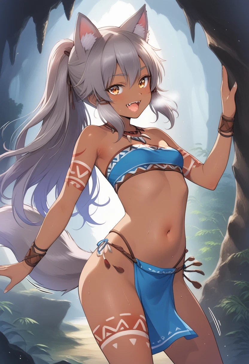 1girl, multiple colored hairs, smile, outside, posing, background, ponytail, (view from front), 9 , (tomboy), slender, pert ass, high details, sharp detailed face, detailed eyes, young, long and wild hair, long hair, tattoo, tanned, cave, forest, very small breasts, fur, revealing outfit, ikuchan, nice hips, tribal tattoos, hot breath, moaning, open mouth, ((motion lines)), dimmed lighting, panting, sweating , outdoors, forest, sweat, teeth, girl with wolf ears and wolf tail, wild girl, animal girl, fangs, ((wolf girl)), (motion lines), gray hair, (wolf girl), hip sway, the girl is in heat, girl wants sex, solo, small tribal tube top, loincloth, (girl is lifting her loincloth), ((swinging her hips side to side)), trying to seduce viewer, seductive dancing, standing,