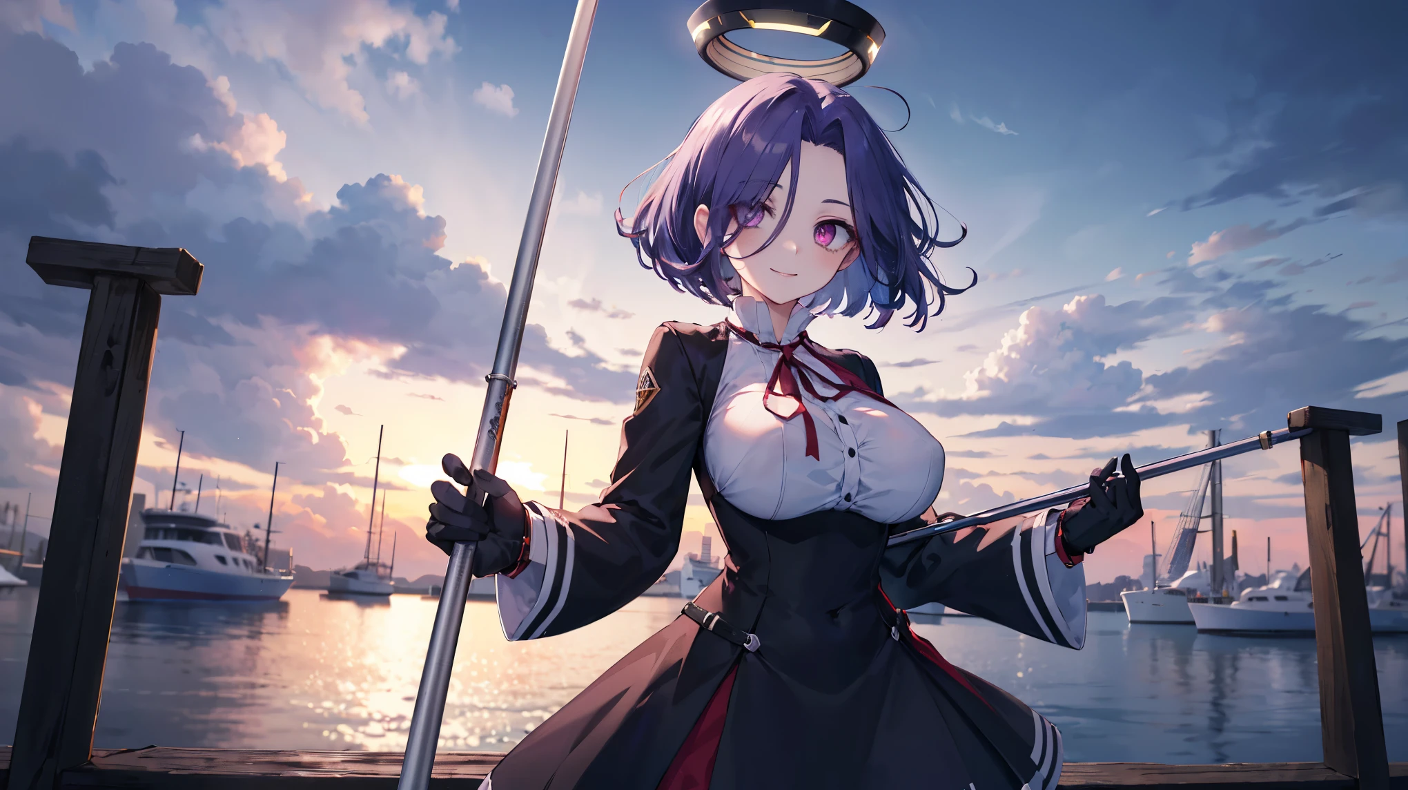 masterpiece, best quality, highres, mechanical halo, (gigantic_breasts:1.2), black dress, neck ribbon, long sleeves, black gloves, outdoors, cowboy shot, standing, holding weapon, polearm,smile,,harbor_town_landscape,purple_halfeyes,(scornful eye:1.4)