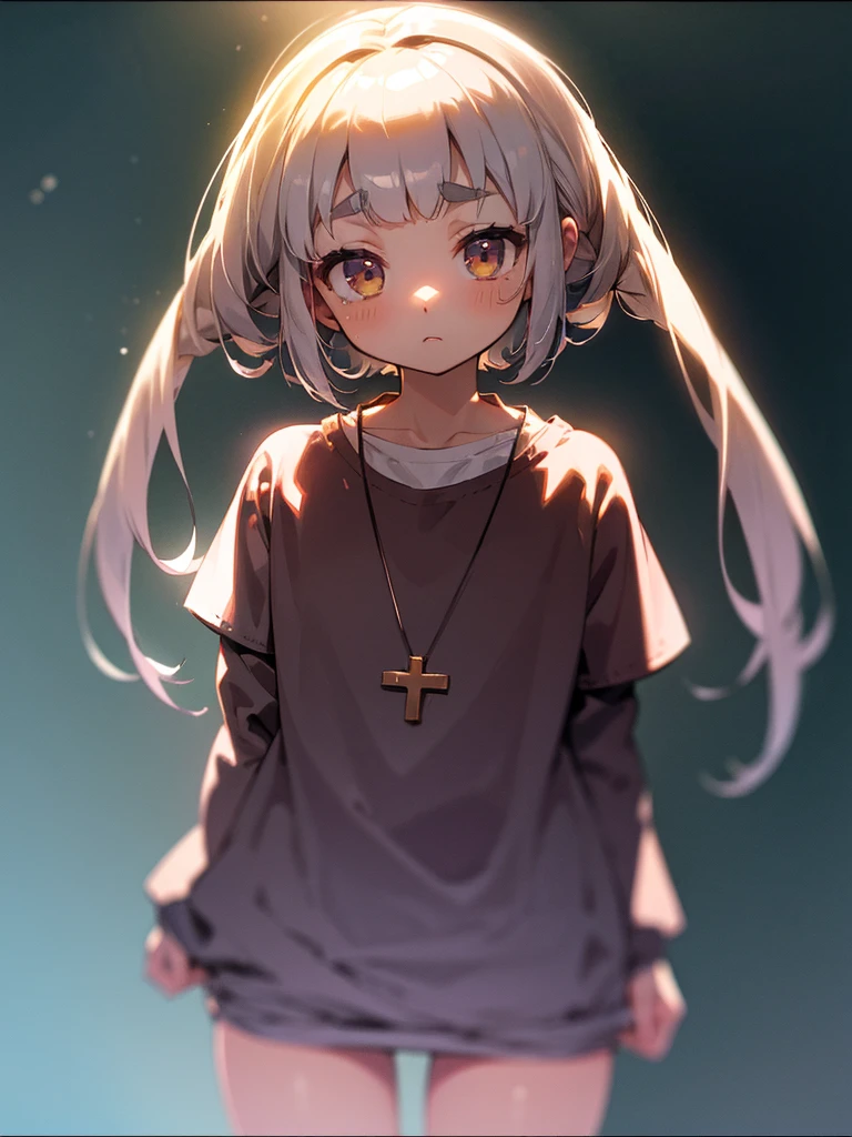 (Sumilux f1.4 50mm , low Latitude old color negative film , cross process , bokeh, flare, chromatic aberration , soft focus, (Shallow focus) , soft glow , Maximum aperture, low Key , Transparent depiction) , kawaii horror style , shy girl , (Thick thighs) , (Short stature) , (blunt bangs , hanging down the back long hairstyle ) , (round maro eyebrows) , in the creepy mansion , dim light , baggy clothes