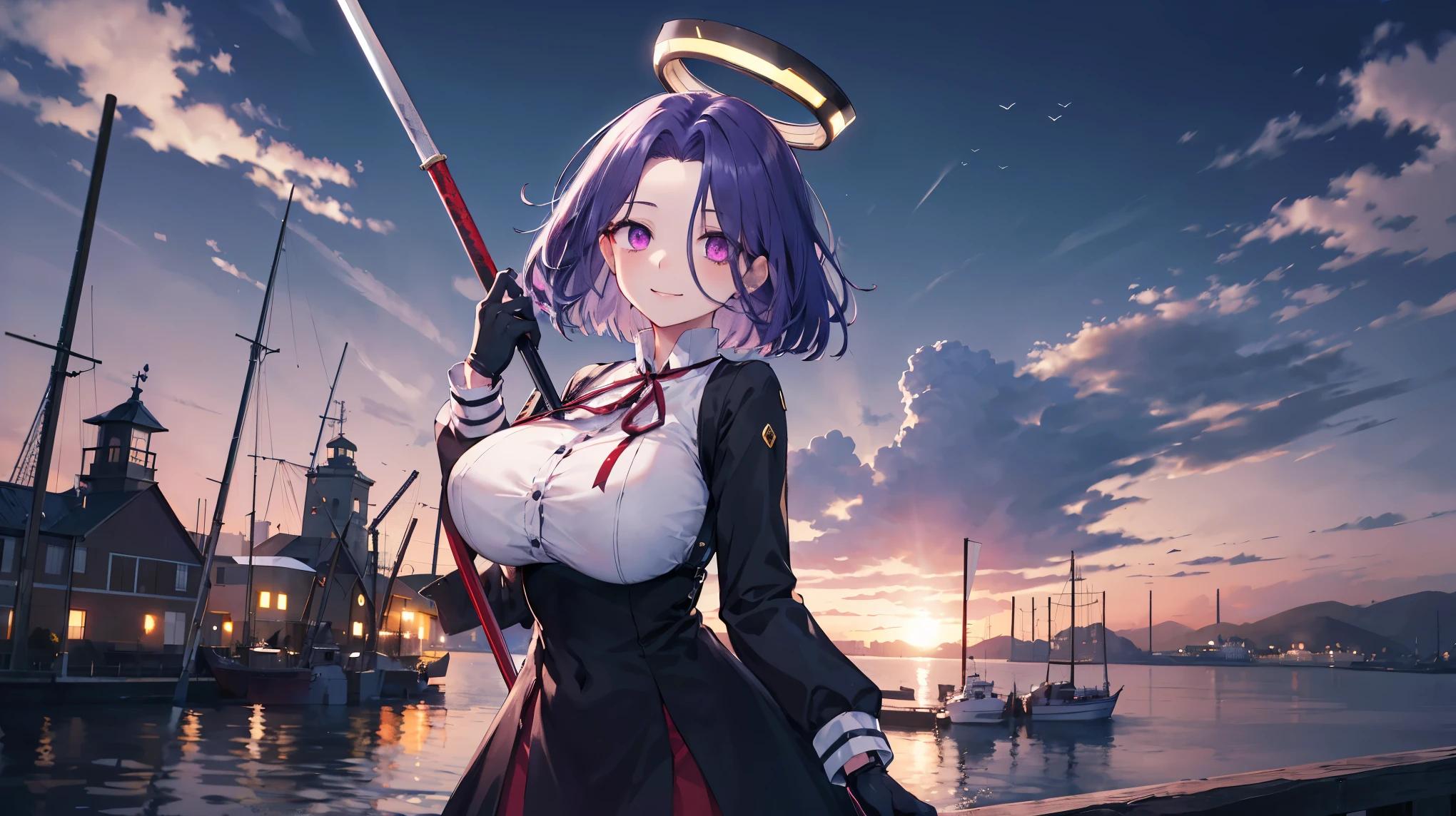 masterpiece, best quality, highres, mechanical halo, (gigantic_breasts:1.2), black dress, neck ribbon, long sleeves, black gloves, outdoors, cowboy shot, standing, holding weapon, polearm,smile,,harbor_town_landscape,purple_halfeyes,(scornful eye:1.4)