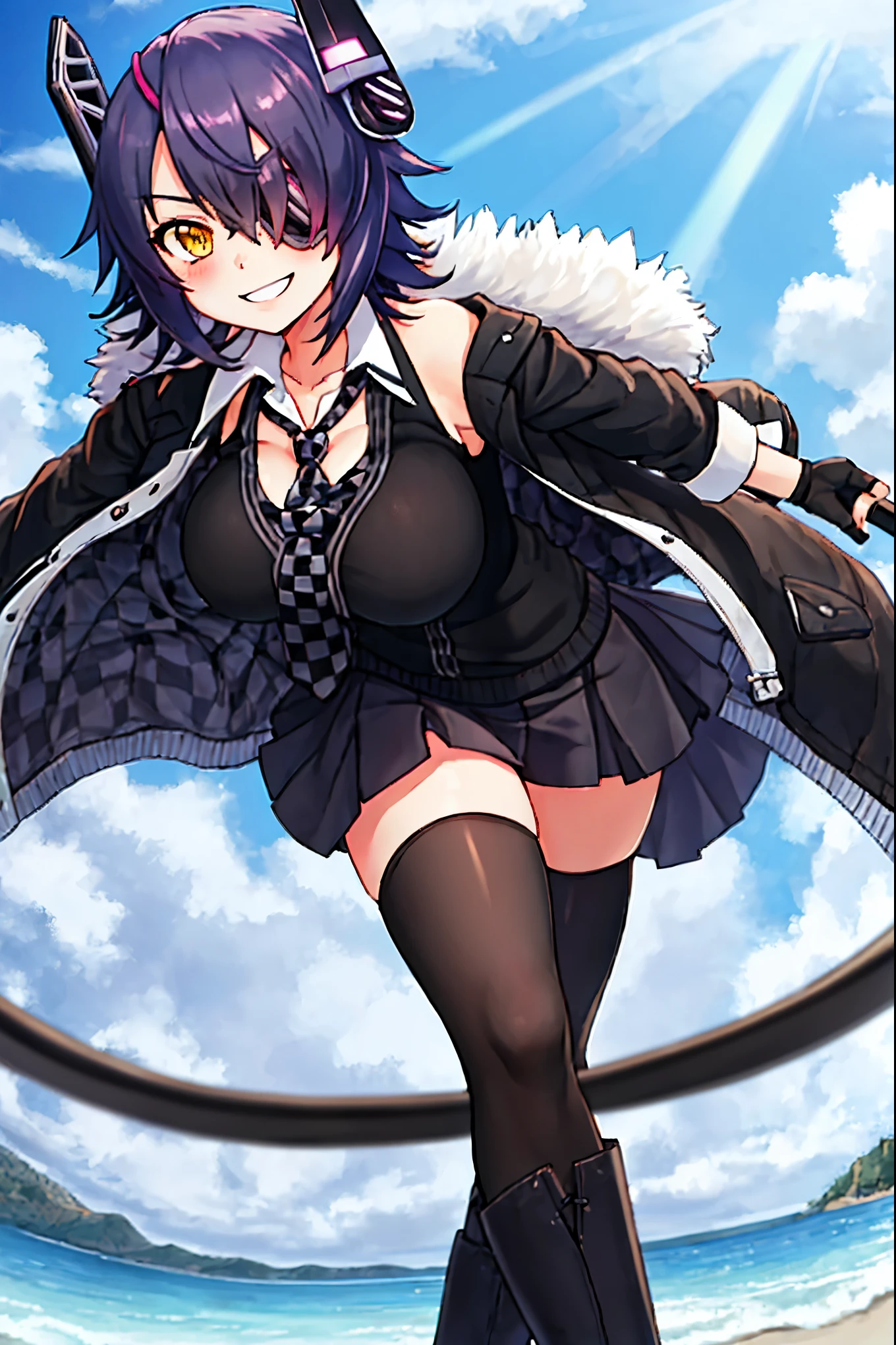 best quality, masterpiece, solo, {tenryuu_kantaicollection:1.15}, teen_girl, eyepatch, short_hair, purple_hair, yellow_eyes, headgear, breasts, necktie, large_breasts, smile, 1girl, blush, checkered_necktie, hair_over_one_eye, shirt, collared_shirt, white_shirt, jacket, sleeveless, brown_eyes, fur-trimmed_jacket, fur_trim, collarbone, looking_at_viewer, pocket, breast_pocket, ,, messy_hair, black_gloves, gloves, partially_fingerless_gloves,harbor_road_landscape_background,outdoor,short_skirt,thigh-highs,boots,sunlight,from_below,solo