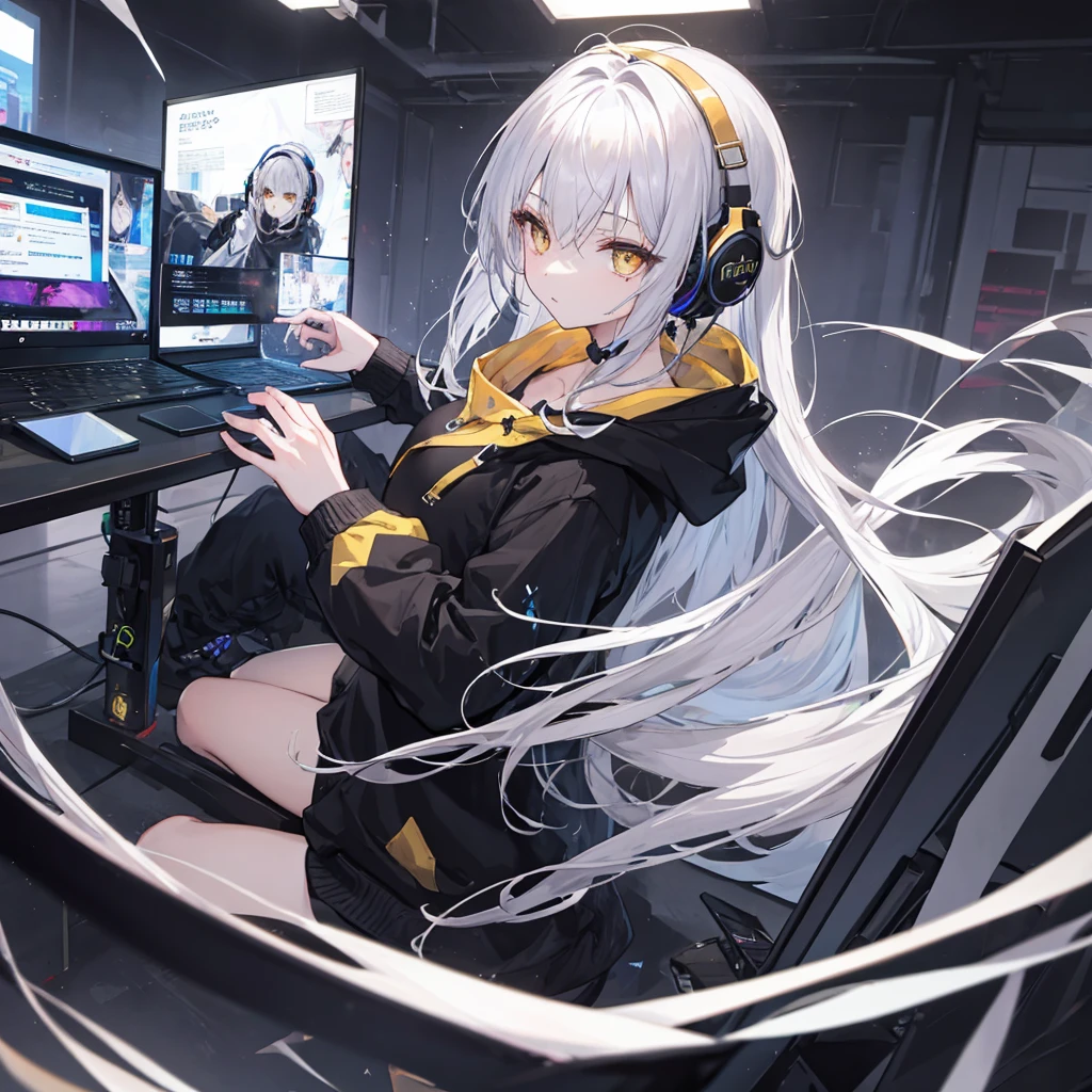 Golden Eyes、Woman using computer with big screen、Silver Hair、Semi-long hair、Put on some cool headphones,(tKELE Black Hoodie Oversized MytH, beautiful and delicate
Golden Eyes、thought,Black clothes,