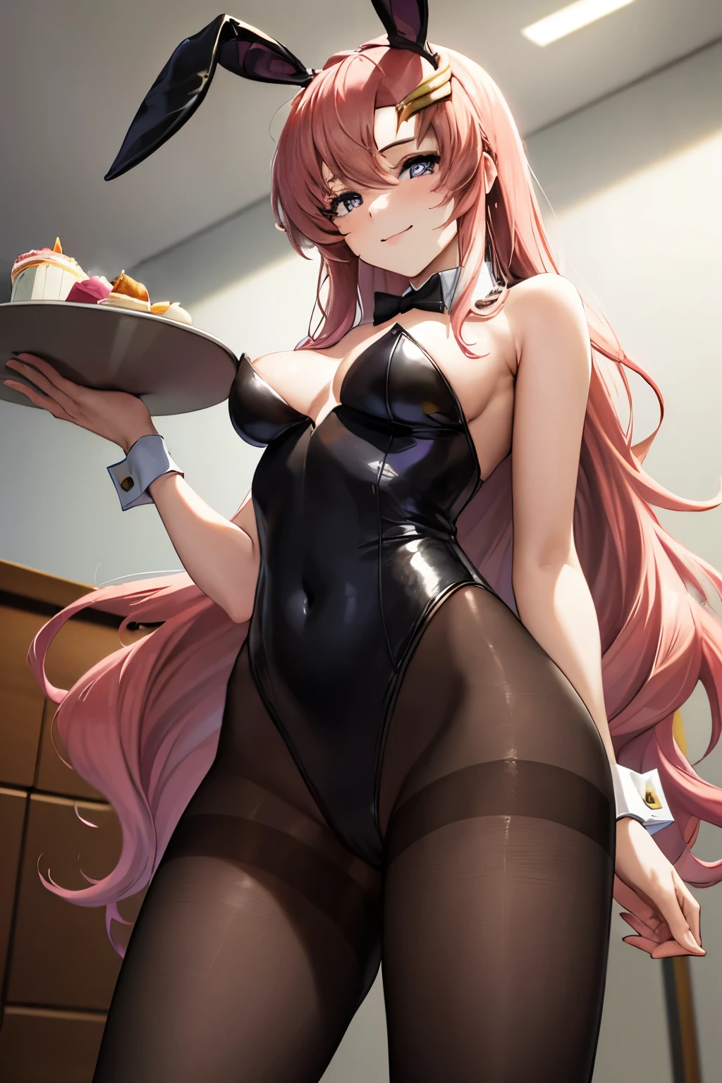 (masterpiece:1.3), (Highest quality:1.1), (8k, Super detailed), (Ultra-high resolution), (Anime Style), (Five perfect fingers), (Perfect Anatomy), One girl, long hair, Wavy Hair, Pink Hair, Purple eyes, slim body, small Breasts, thin legs, (black playboy bunny), (black fake rabbit ears), (black pantyhose), (black high-heels), Holding tray, looking at viewer, smile, standing, (from below: 1.2), Cowboy Shot, indoors