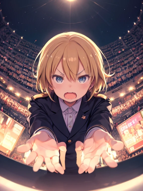 One Man、 Donald John Trump、Is making a speech、Angry、Screaming、V-shaped eyebrows、Upper Body、Angle from below、crowd、Presentation stand、