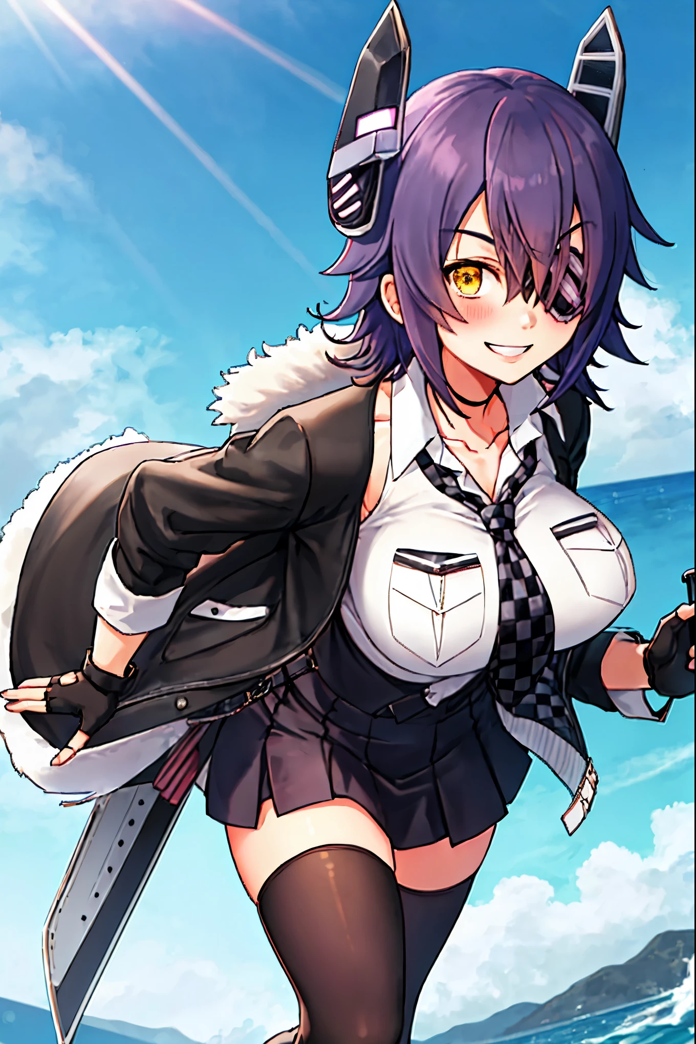 best quality, masterpiece, solo, {tenryuu_kantaicollection:1.15}, teen_girl, eyepatch, short_hair, purple_hair, yellow_eyes, headgear, breasts, necktie, large_breasts, smile, 1girl, blush, checkered_necktie, hair_over_one_eye, shirt, collared_shirt, white_shirt, jacket, sleeveless, brown_eyes, fur-trimmed_jacket, fur_trim, collarbone, looking_at_viewer, pocket, breast_pocket, ,, messy_hair, black_gloves, gloves, partially_fingerless_gloves,harbor_road_landscape_background,outdoor,short_skirt,thigh-highs,boots,sunlight,from_below,solo
