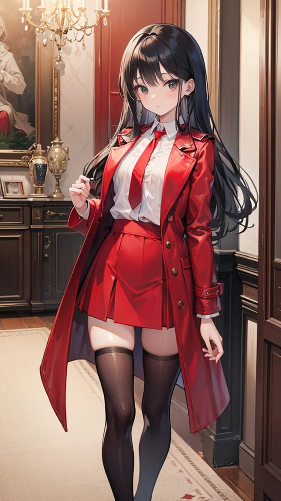 (Best masterpiece Perfect quality Ultra detailed) (Antique world European interior) A skinny slender girl with small bust Wearing a red leather long coat Wearing a white y-shirt red tie Wearing a gathered black fabric skirt