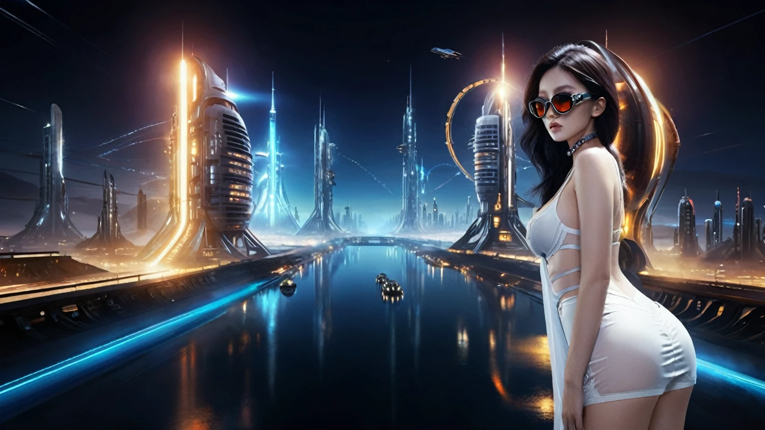 at night, ((a large-breast:1.2 lingerie slim:0.6 GIRL with black micro sunglasses)), ((holding a pistol)), aerial view of an ultra-futuristic megalopolis, tall metal buildings and houses in dark colors from dark blue to black, shades of metal gray, smoky metal structures, industrial environment with fog around, dark cars on the streets, desert megalopolis, modern metal rails and trains passing through, ((futuristic space station)), realistic, detailed, sci-fi.
