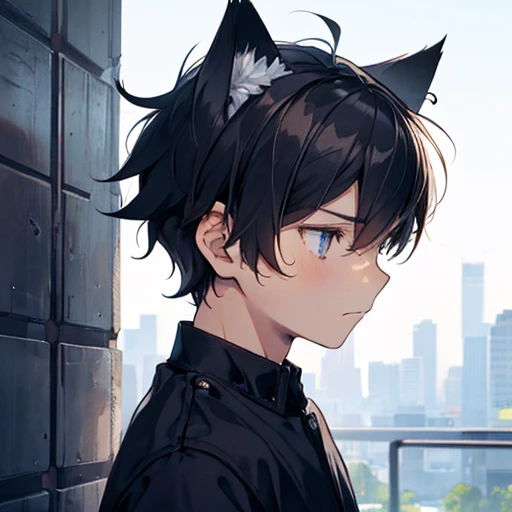 A boy, adolescent,with cat ears,with a sad facial expression,Profile,with short hair